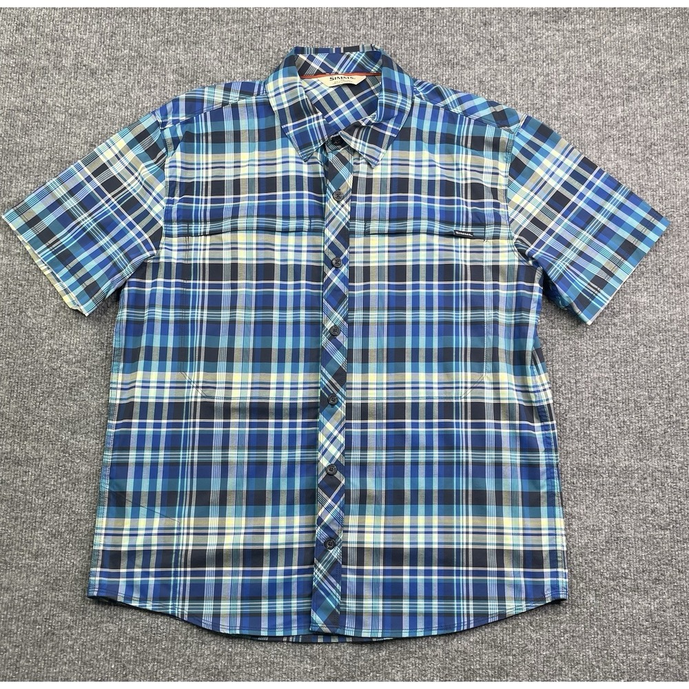 Simms Fishing Shirt Mens Medium Blue Plaid Short Sleeve Nylon‎ Spandex Button Up